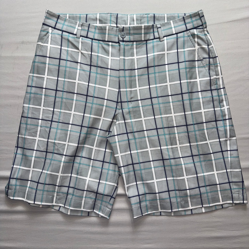 Pebble Beach Performance Mens Grey Plaid Golf‎ Shorts Size 34 Stretch Flat Front
